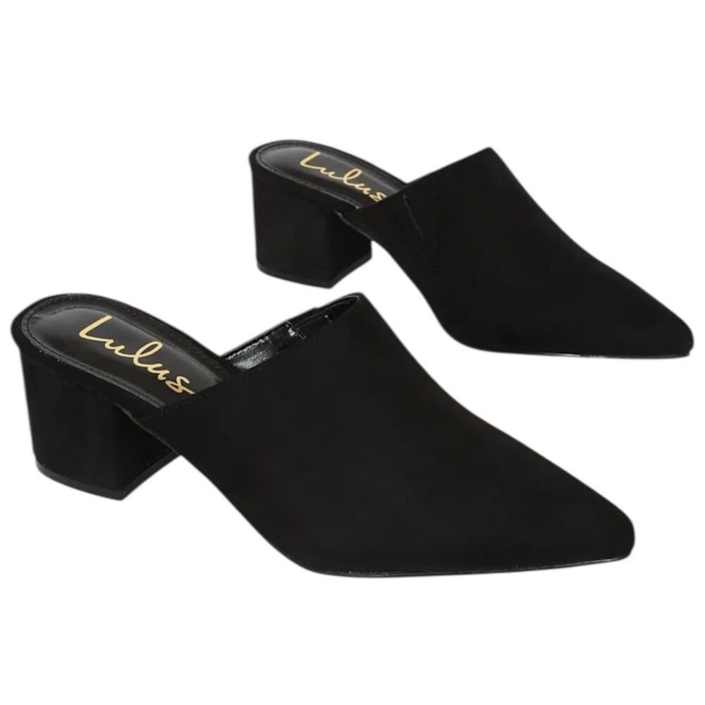 NEW Lulus Jaymes Black Faux Suede Pointed Toe Mules Block Heel Size 8 (2) - Picture 1 of 12